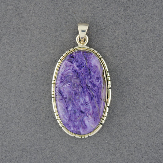 Sterling Silver Charoite Oval Detailed Bezel Pendant