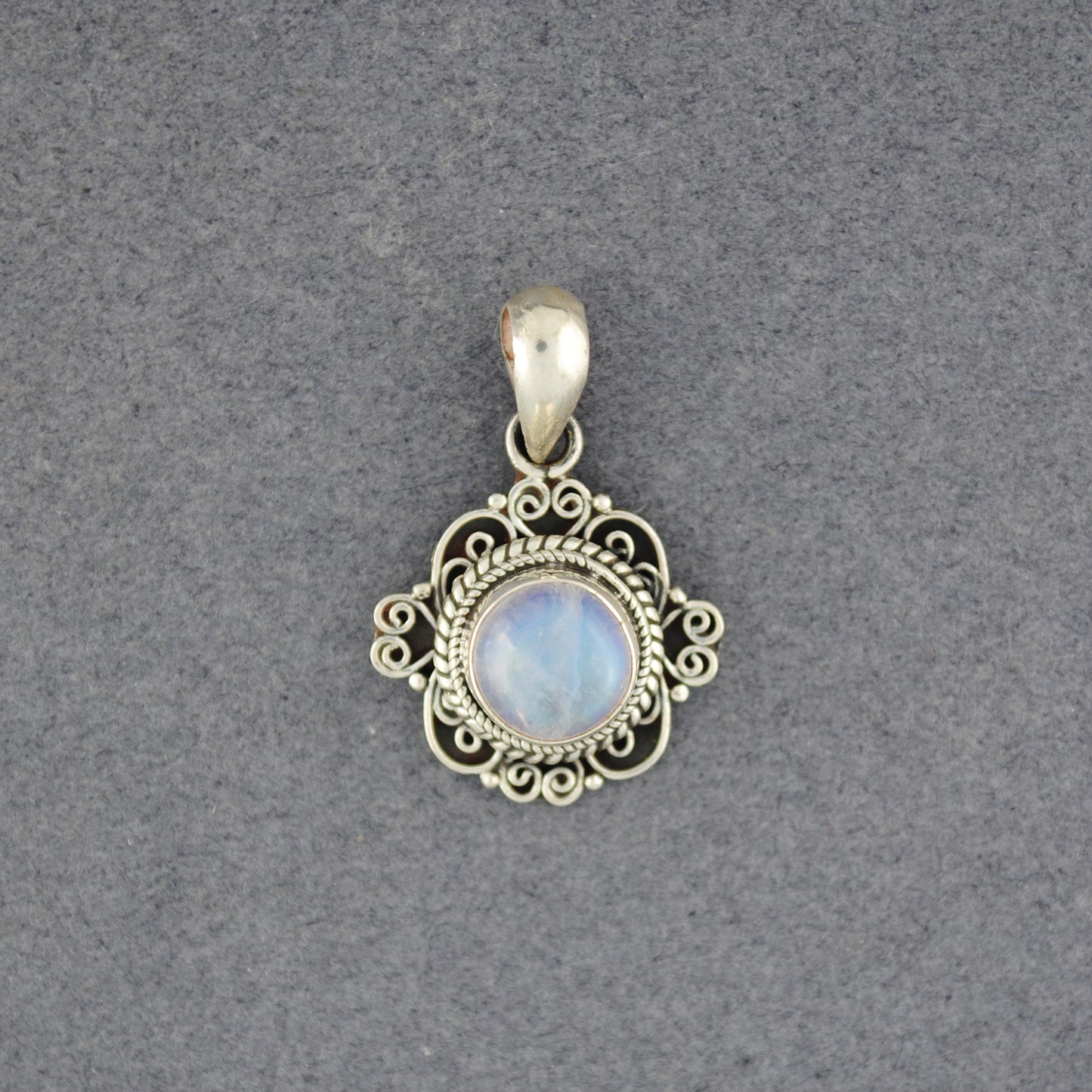 Sterling Silver Moonstone Swirl Border Pendant
