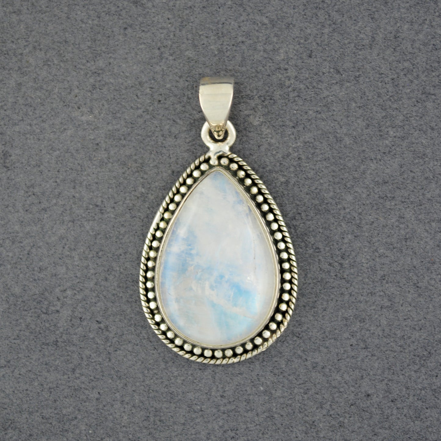 Sterling Silver Rainbow Moonstone Detailed Teardrop Pendant
