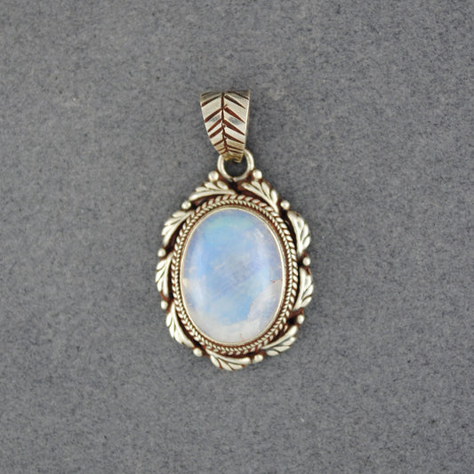 Sterling Silver Rainbow Moonstone Leaf Border Pendant