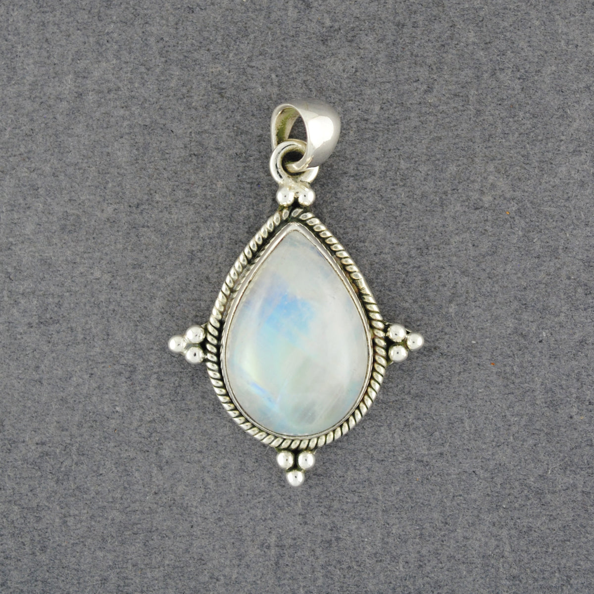 Sterling Silver Rainbow Moonstone Detailed Teardrop Pendant