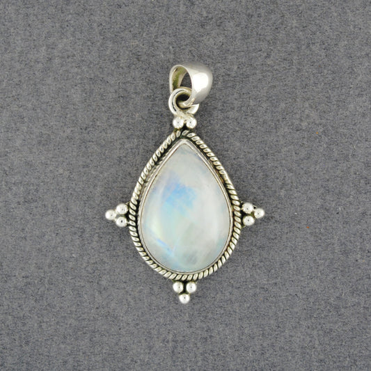 Sterling Silver Rainbow Moonstone Detailed Teardrop Pendant