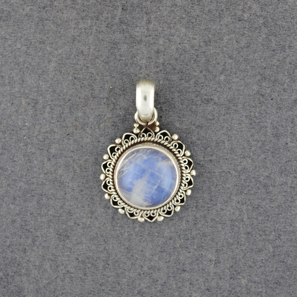 Sterling Silver Rainbow Moonstone Medium Fancy Circle Pendant