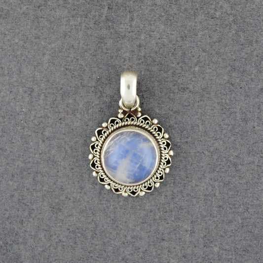 Sterling Silver Rainbow Moonstone Medium Fancy Circle Pendant