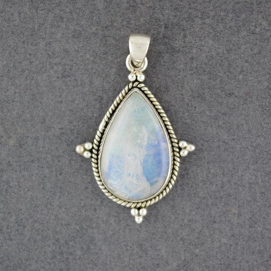 Sterling Silver Rainbow Moonstone Twist & Dots Teardrop Pendant