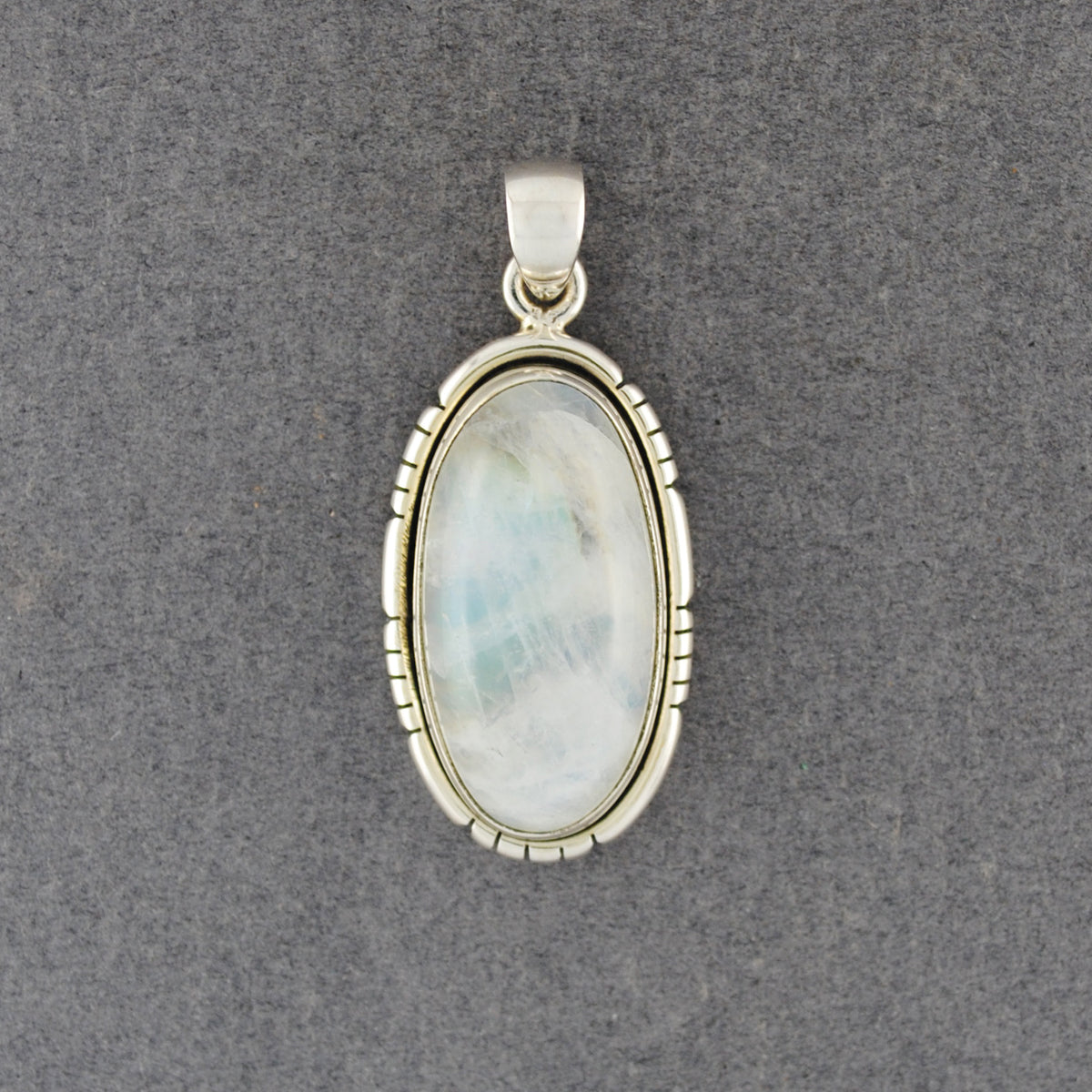 Sterling Silver Rainbow Moonstone Notched Oval Pendant