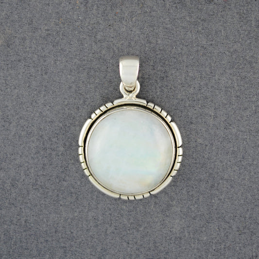 Sterling Silver Rainbow Moonstone Notched Circle Pendant