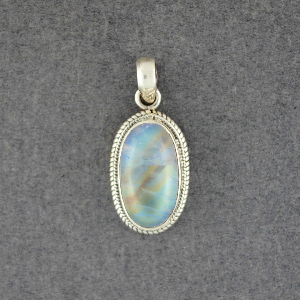 Sterling Silver Rainbow Moonstone Medium Thin Oval Pendant