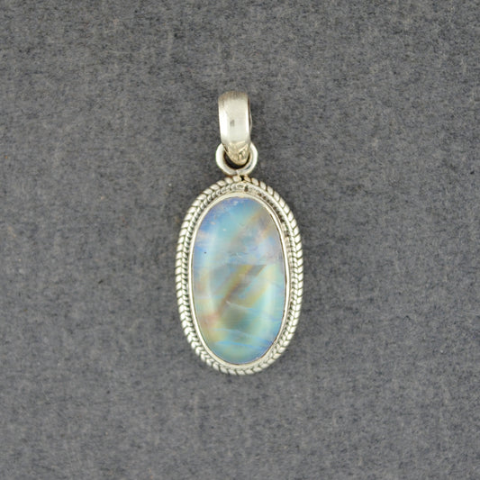 Sterling Silver Rainbow Moonstone Medium Thin Oval Pendant