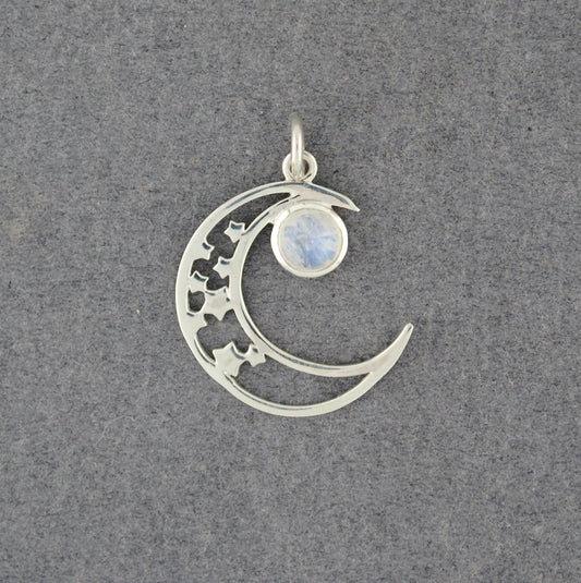 Sterling Silver Rainbow Moonstone Crescent Moon & Stars Pendant