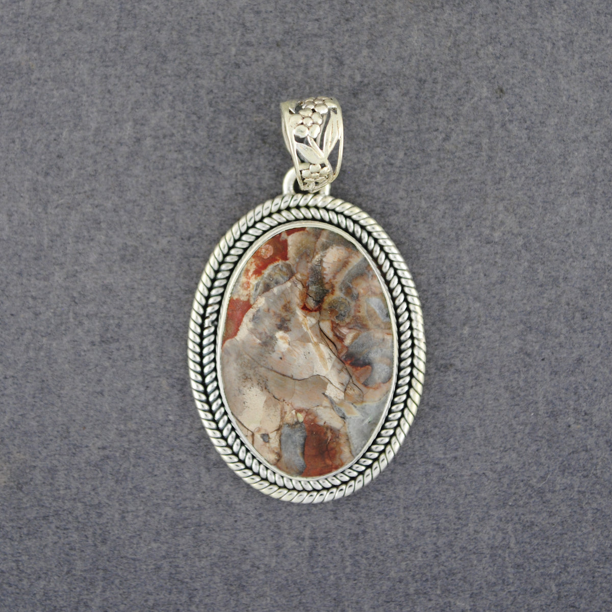 Sterling Silver Mushroom Rhyolite Rope Oval Pendant