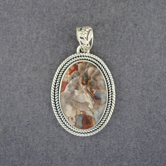 Sterling Silver Mushroom Rhyolite Rope Oval Pendant
