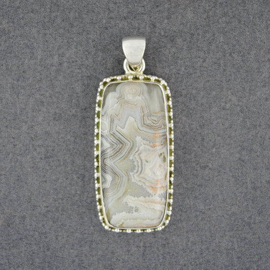 Sterling Silver Crazy Lace Agate Dotted Rectangle Pendant