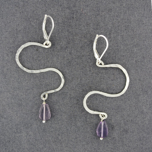 Sterling Silver Hammered Zig Zag Amethyst Earrings