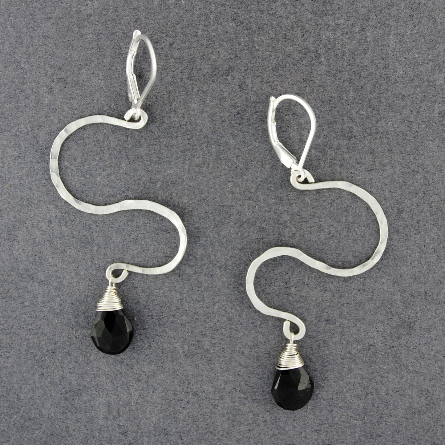 Sterling Silver Black Spinel Hammered Zig Zag Earrings