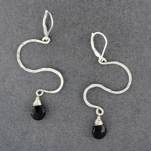 Sterling Silver Black Spinel Hammered Zig Zag Earrings