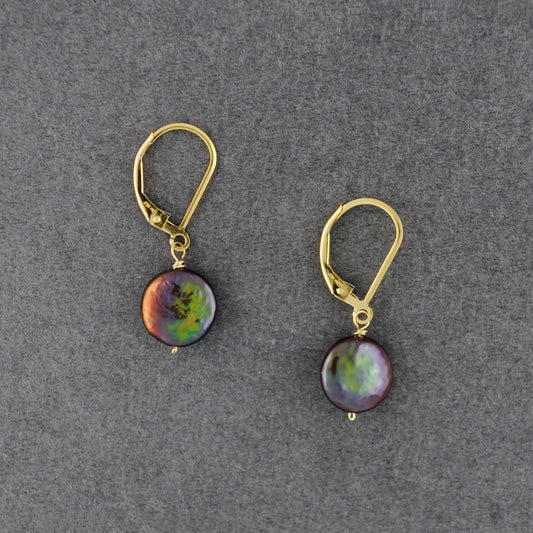 14K Gold Filled Peacock Freshwater Coin Pearl Earrings