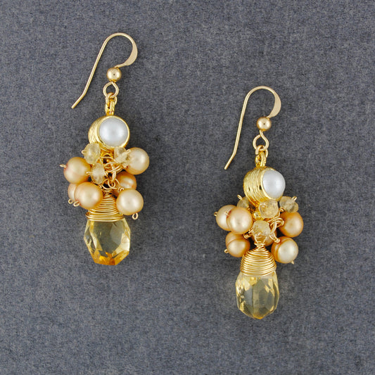 14K Gold Filled Pearl with Citrine Cluster Earrings