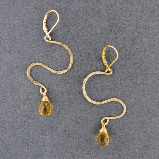 14K Gold Filled Hammered Zig Zag Citrine Earrings
