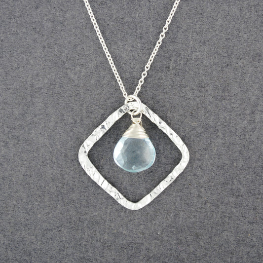 Sterling Silver Hammered Diamond Blue Topaz Necklace