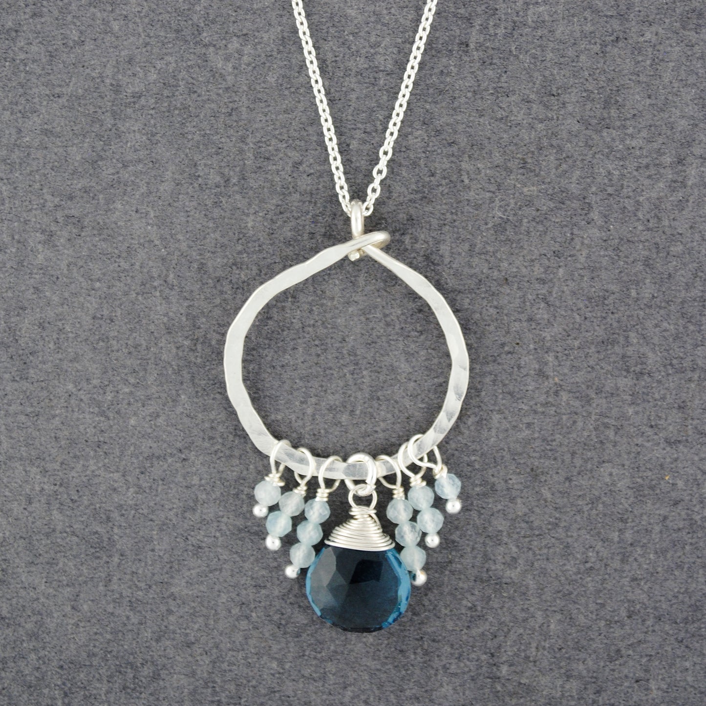 Sterling Silver Hammered Circle Blue Topaz & London Blue Topaz Necklace