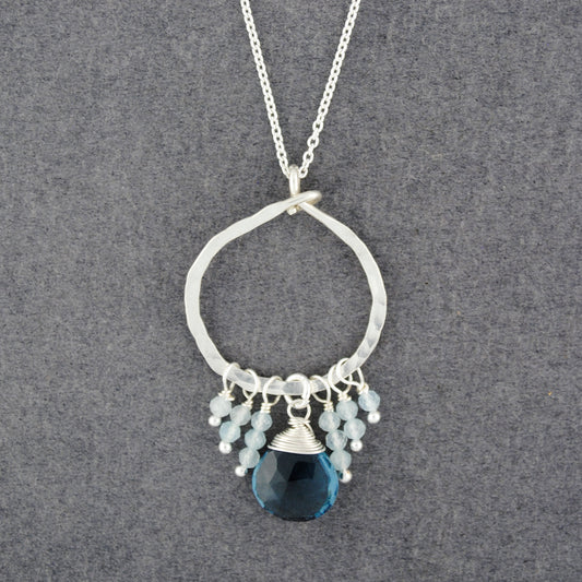 Sterling Silver Hammered Circle Blue Topaz & London Blue Topaz Necklace