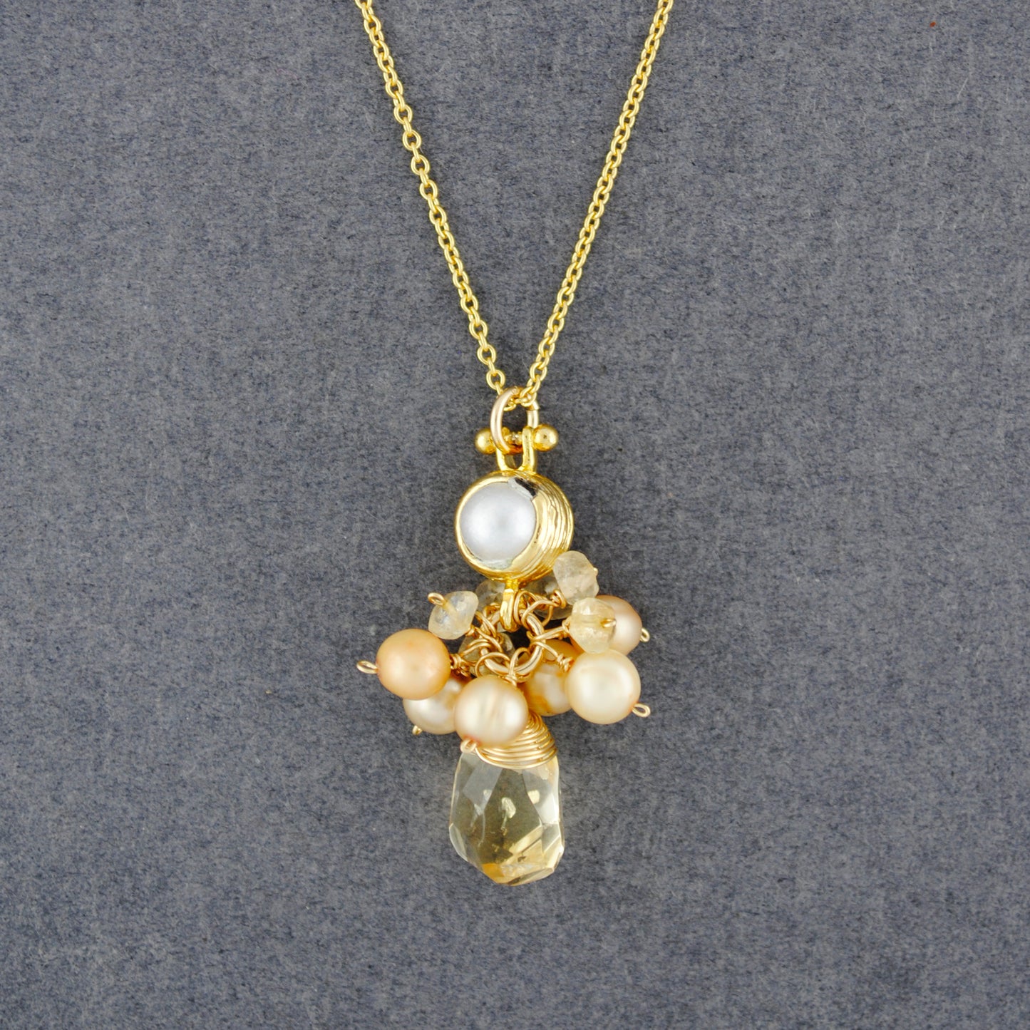 14K Gold Filled Pearl with Citrine Cluster Necklace