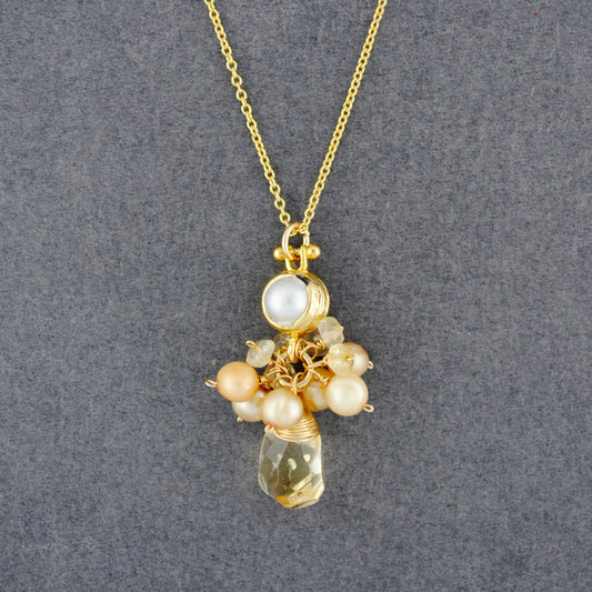 14K Gold Filled Pearl with Citrine Cluster Necklace
