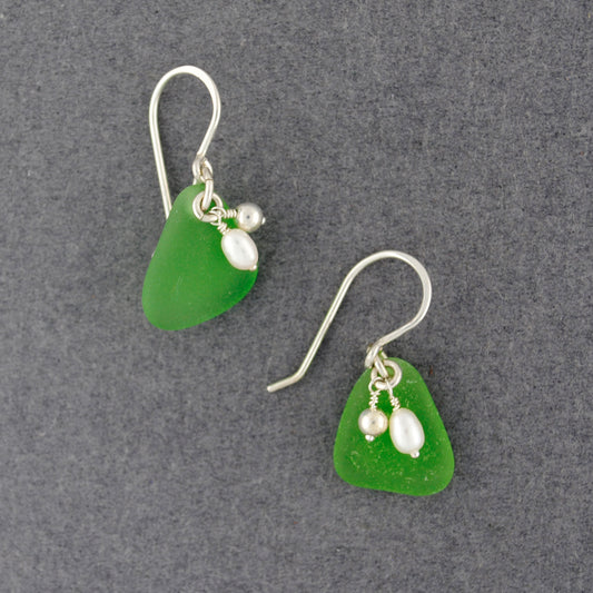 Sterling Silver Green Sea Glass & Pearl Dangle