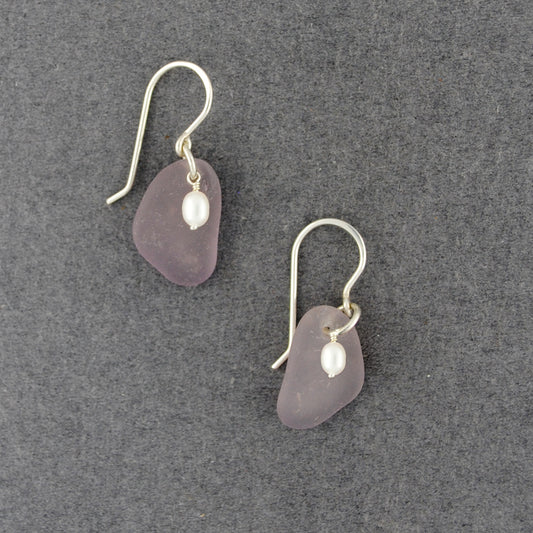 Sterling Silver Purple Sea Glass & Pearl Earrings