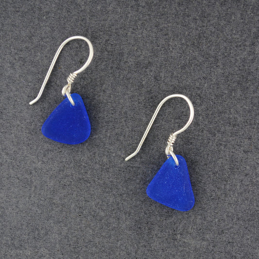 Sterling Silver Cobalt Sea Glass Triangle Dangle Earrings
