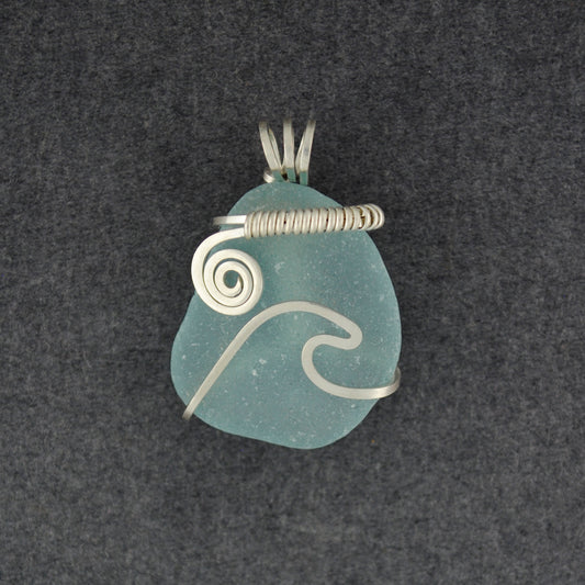Sterling Silver Small Aqua Sea Glass Sun & Surf Pendant