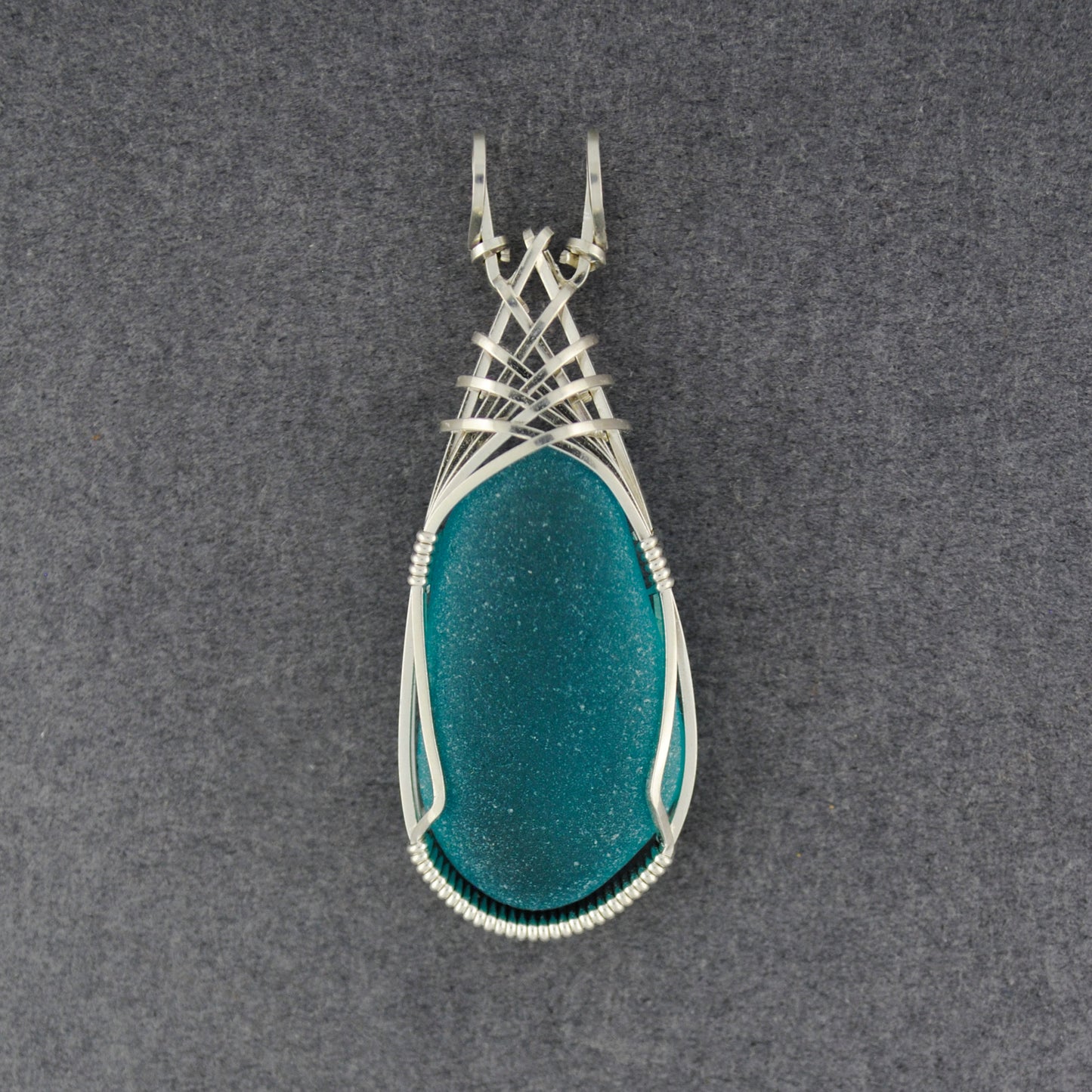 Sterling Silver Long Aqua Sea Glass Weave Pendant