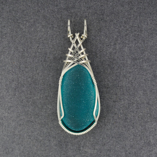 Sterling Silver Long Aqua Sea Glass Weave Pendant