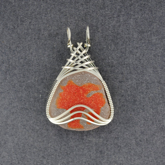 Sterling Silver Orange Sea Glass Weave Pendant