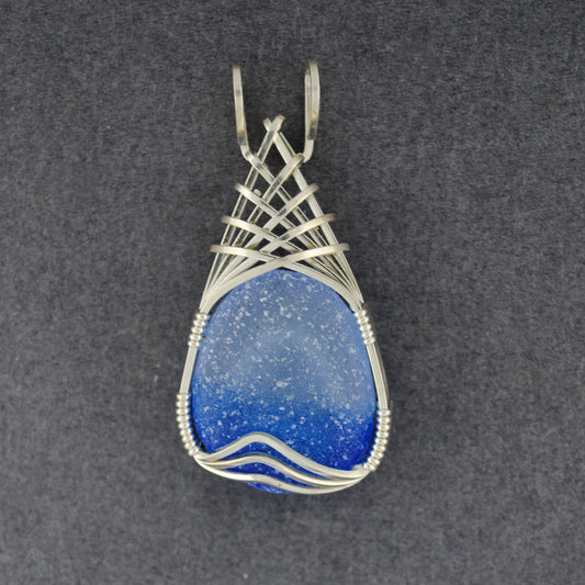 Sterling Silver Blue Ombre Sea Glass Weave Pendant
