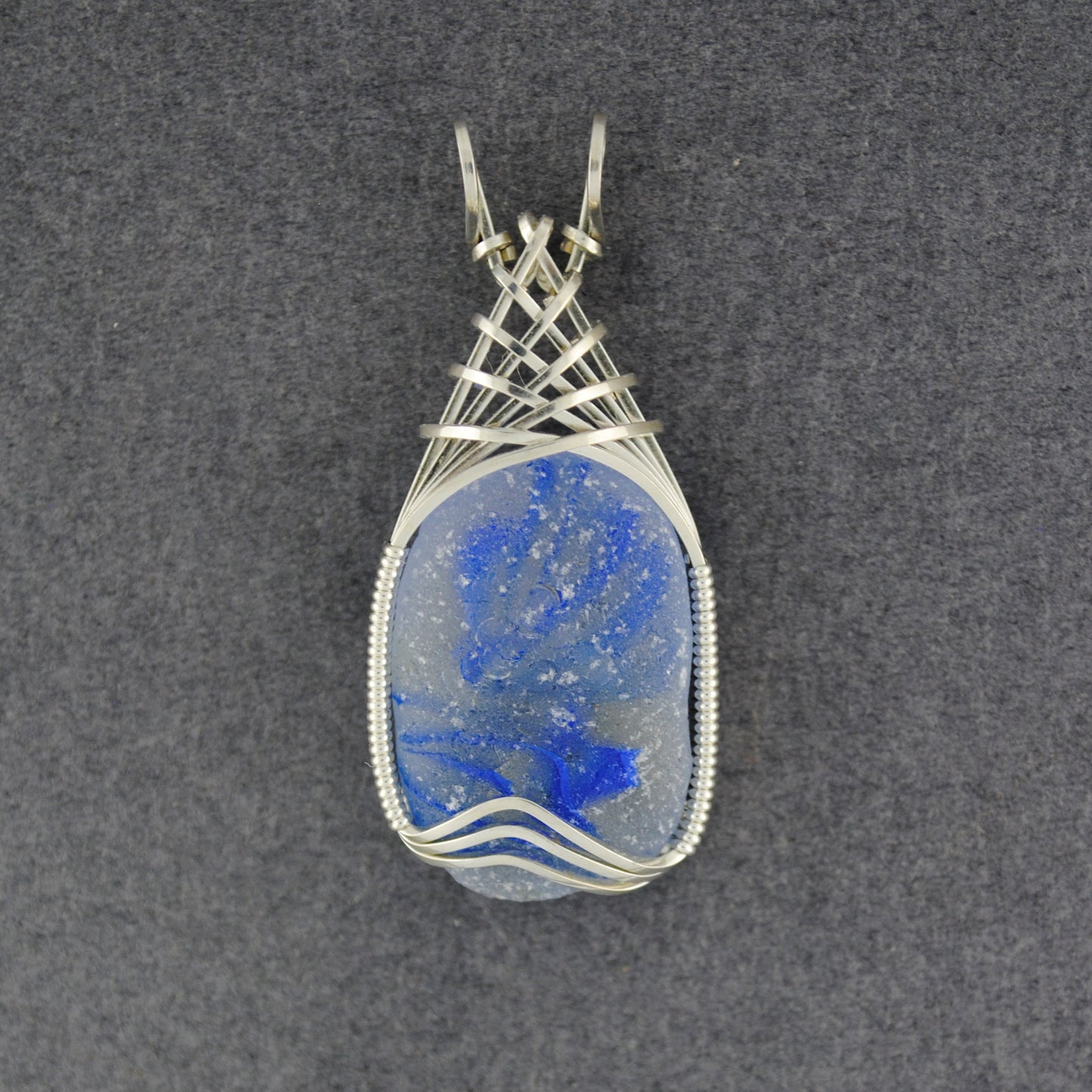 Sterling Silver Blue Swirl Sea Glass Weave Pendant