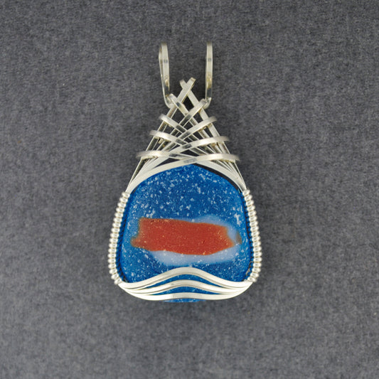 Sterling Silver Aqua, Orange & White Sea Glass Weave Pendant