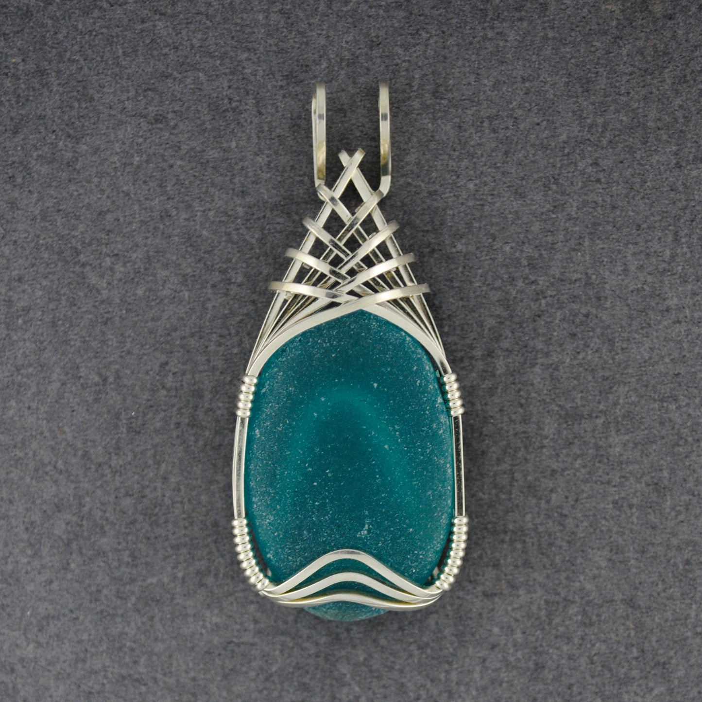 Sterling Silver Large Aqua Sea Glass Weave Pendant