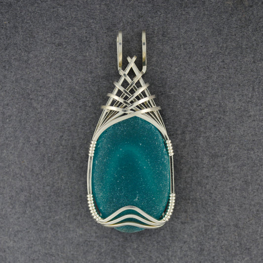 Sterling Silver Large Aqua Sea Glass Weave Pendant