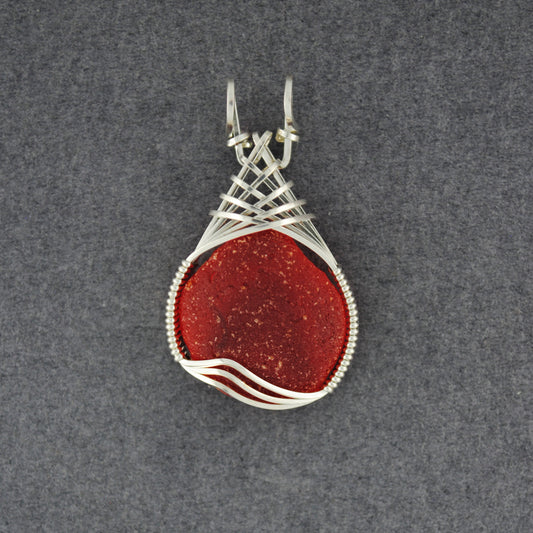 Sterling Silver Orangey Red Sea Glass Weave Pendant