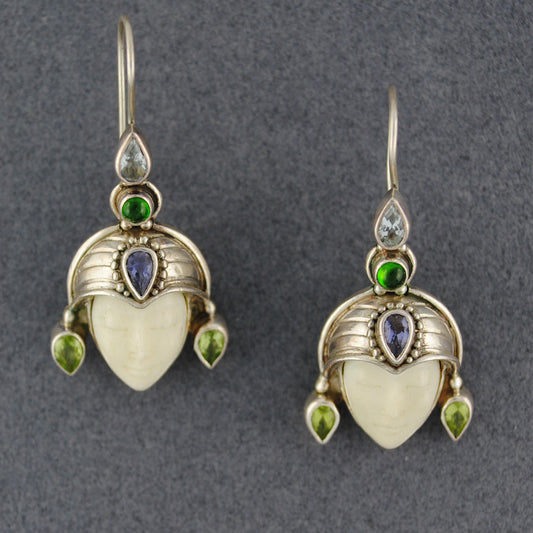 Carved Face with Stones Estate Earrings