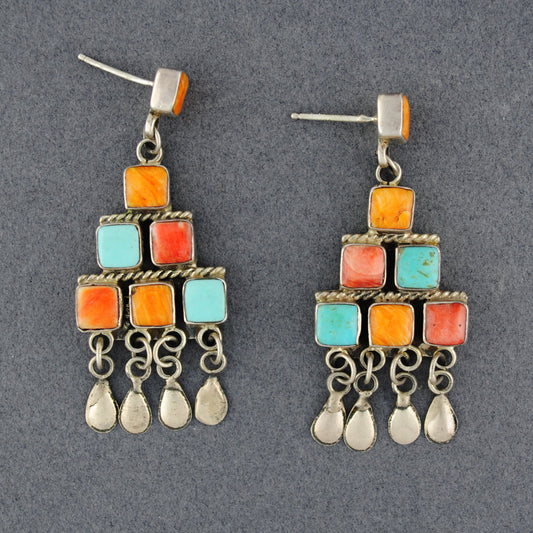 Turquoise and Spiny Oyster Chandelier Estate Earrings