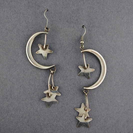 Sterling Moon and Stars Dangle Earrings