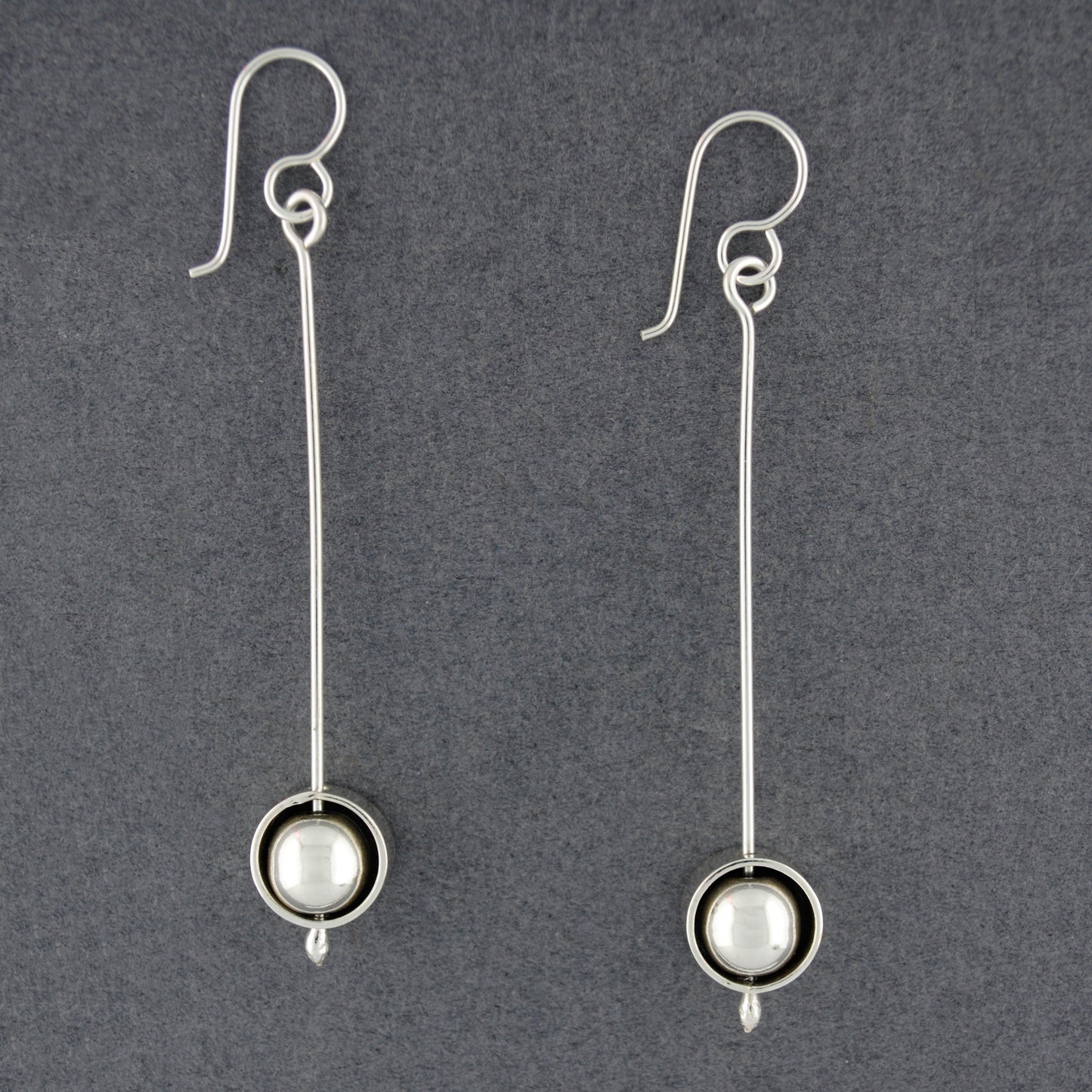 Sterling Silver Sphere in Circle on Long Bar Earrings