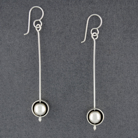 Sterling Silver Sphere in Circle on Long Bar Earrings