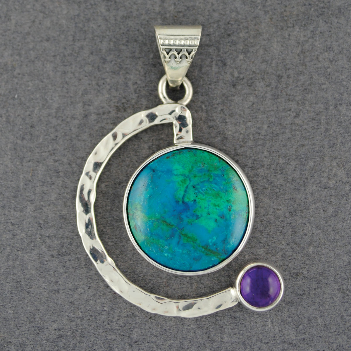 Semi Circle Chrysocolla and Amethyst Pendant