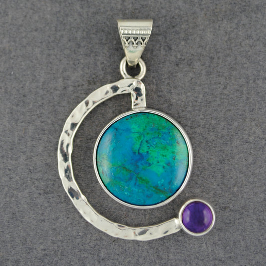Semi Circle Chrysocolla and Amethyst Pendant