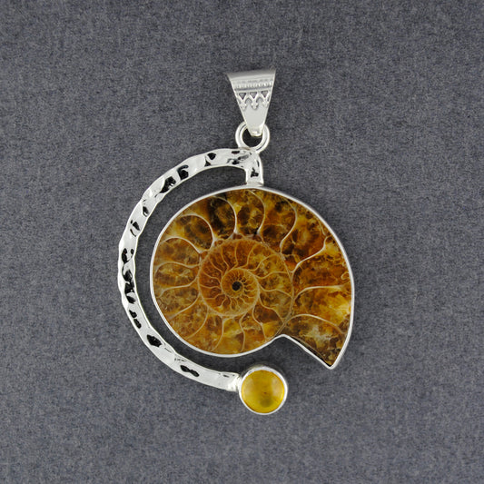 Ammonite & Amber Semi-Circle Pendant