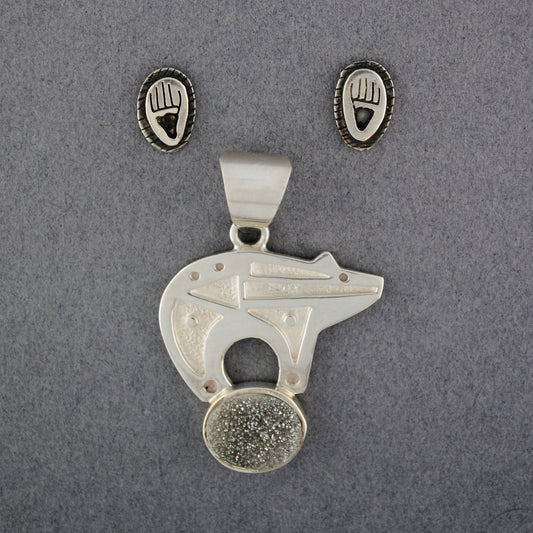 Bear Pendant with Druzy and Bear Claw Earrings